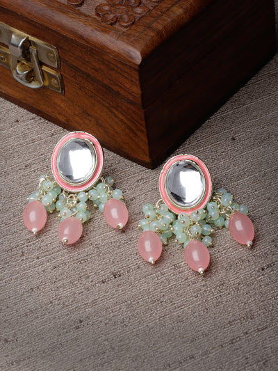 Studio Sukkhi Stylish Gold Plated Pink & White Faux Beaded And Kundan Studded Meenakari Drop Earrings For Women And Girls E105756