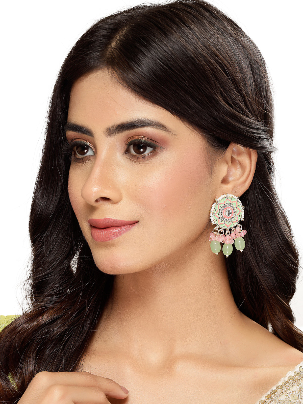 Studio Sukkhi Charming Gold Plated Pink & Mint Green Meenakari Stud Earrings For Women And Girls E105758