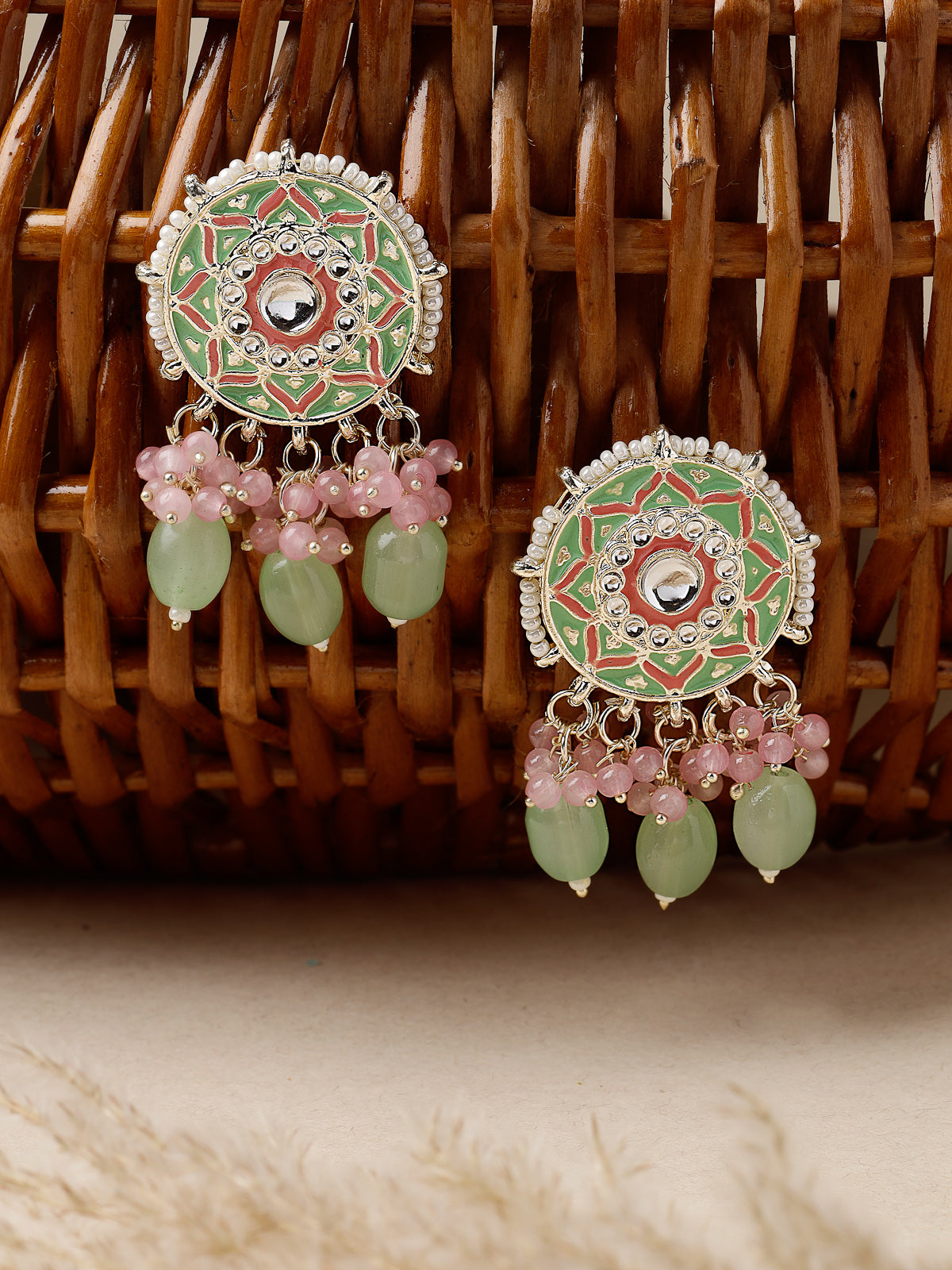 Studio Sukkhi Charming Gold Plated Pink & Mint Green Meenakari Stud Earrings For Women And Girls E105758