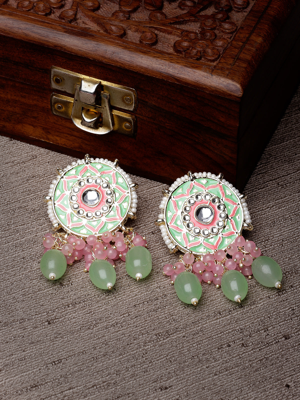 Studio Sukkhi Charming Gold Plated Pink & Mint Green Meenakari Stud Earrings For Women And Girls E105758