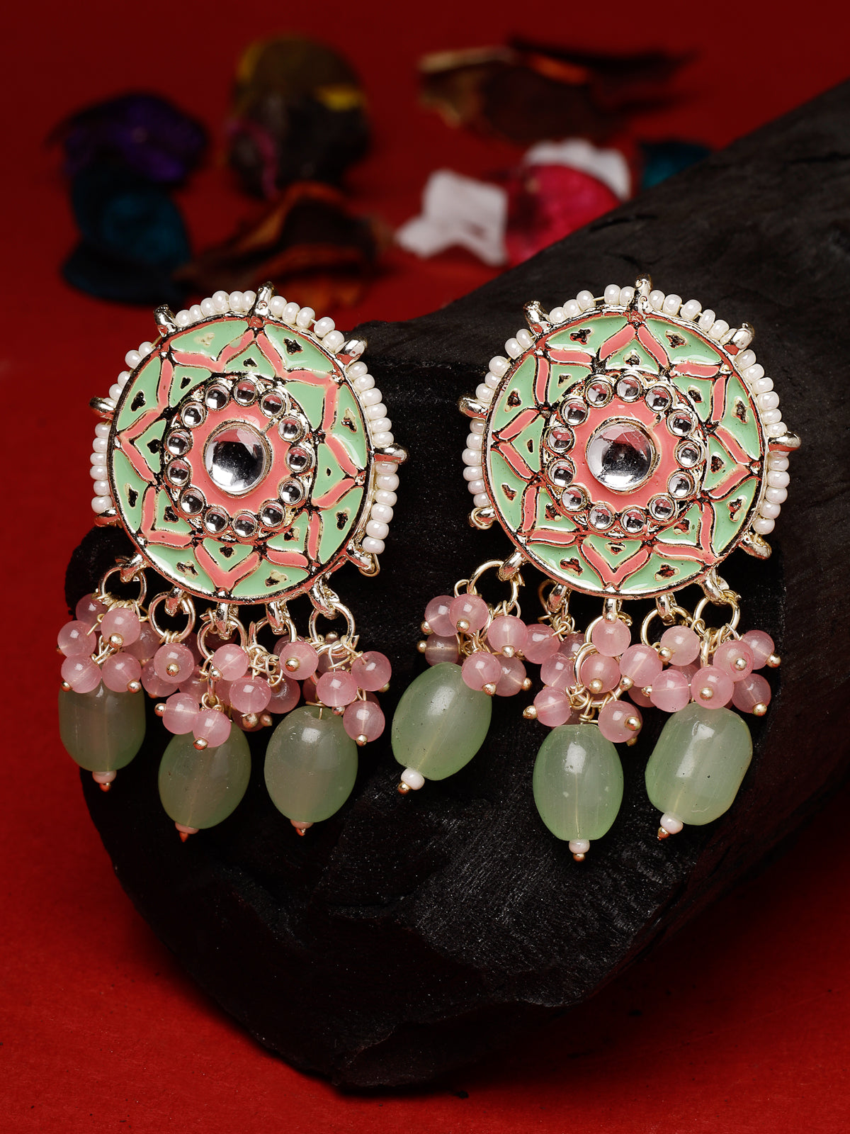 Studio Sukkhi Charming Gold Plated Pink & Mint Green Meenakari Stud Earrings For Women And Girls E105758