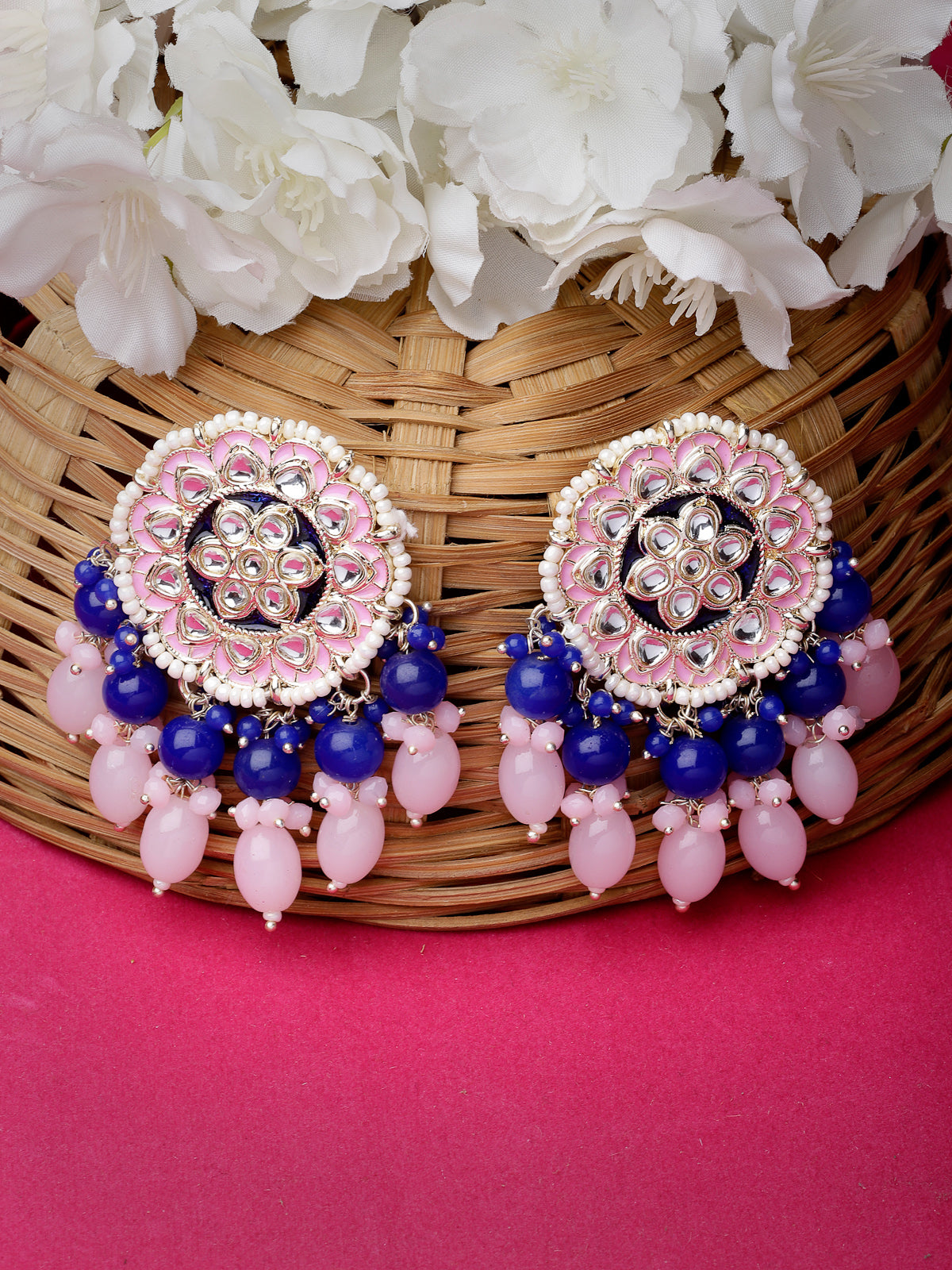 Studio Sukkhi Ethnic Floral Shaped Gold Tone Kundan And Meenakari Pink Blue Studs Earring For Women And Girls E105761