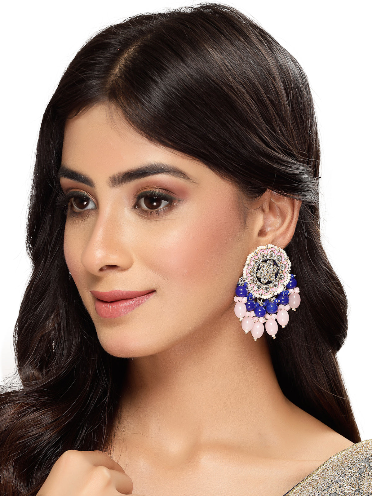 Studio Sukkhi Ethnic Floral Shaped Gold Tone Kundan And Meenakari Pink Blue Studs Earring For Women And Girls E105761