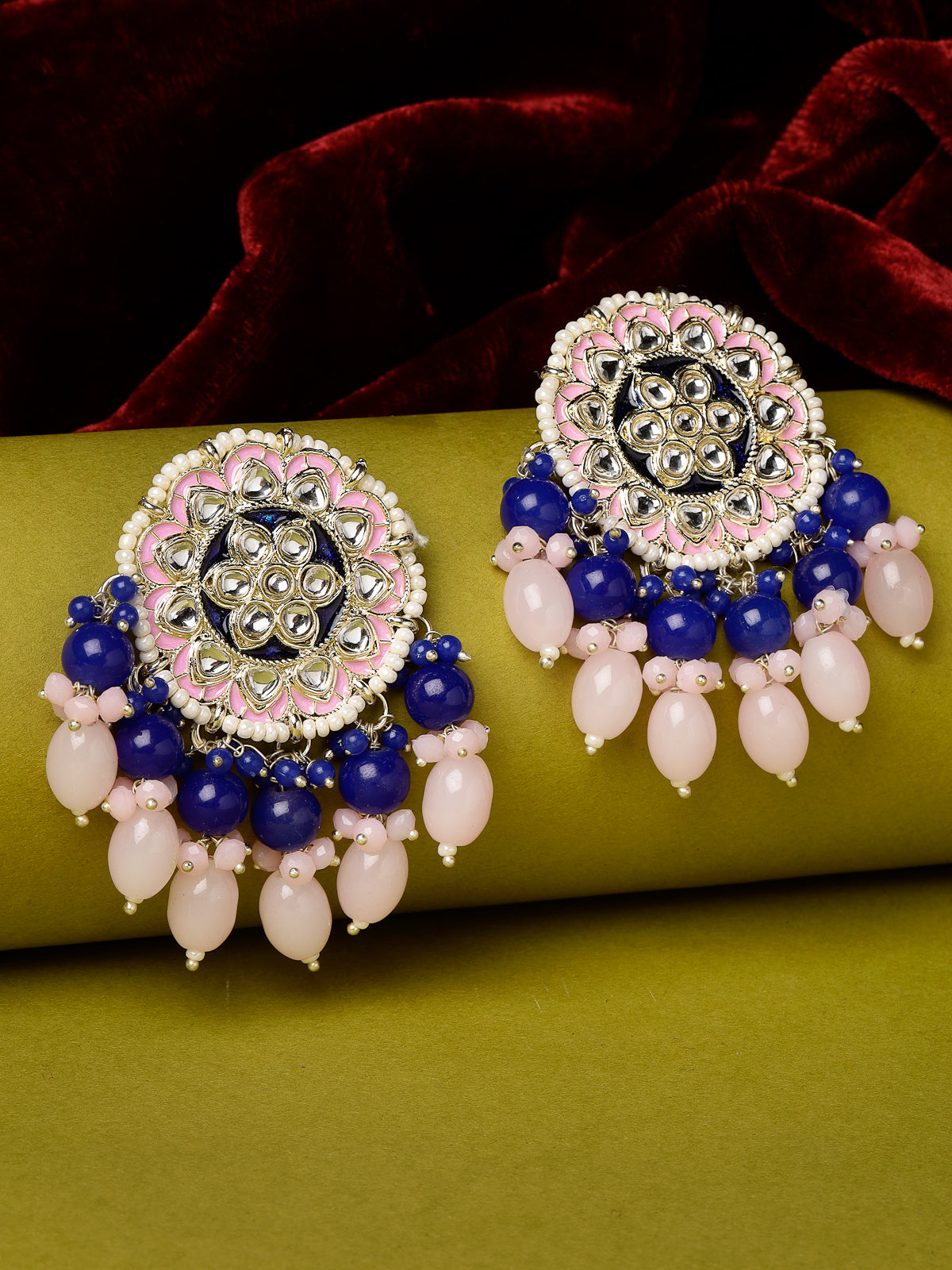 Studio Sukkhi Ethnic Floral Shaped Gold Tone Kundan And Meenakari Pink Blue Studs Earring For Women And Girls E105761