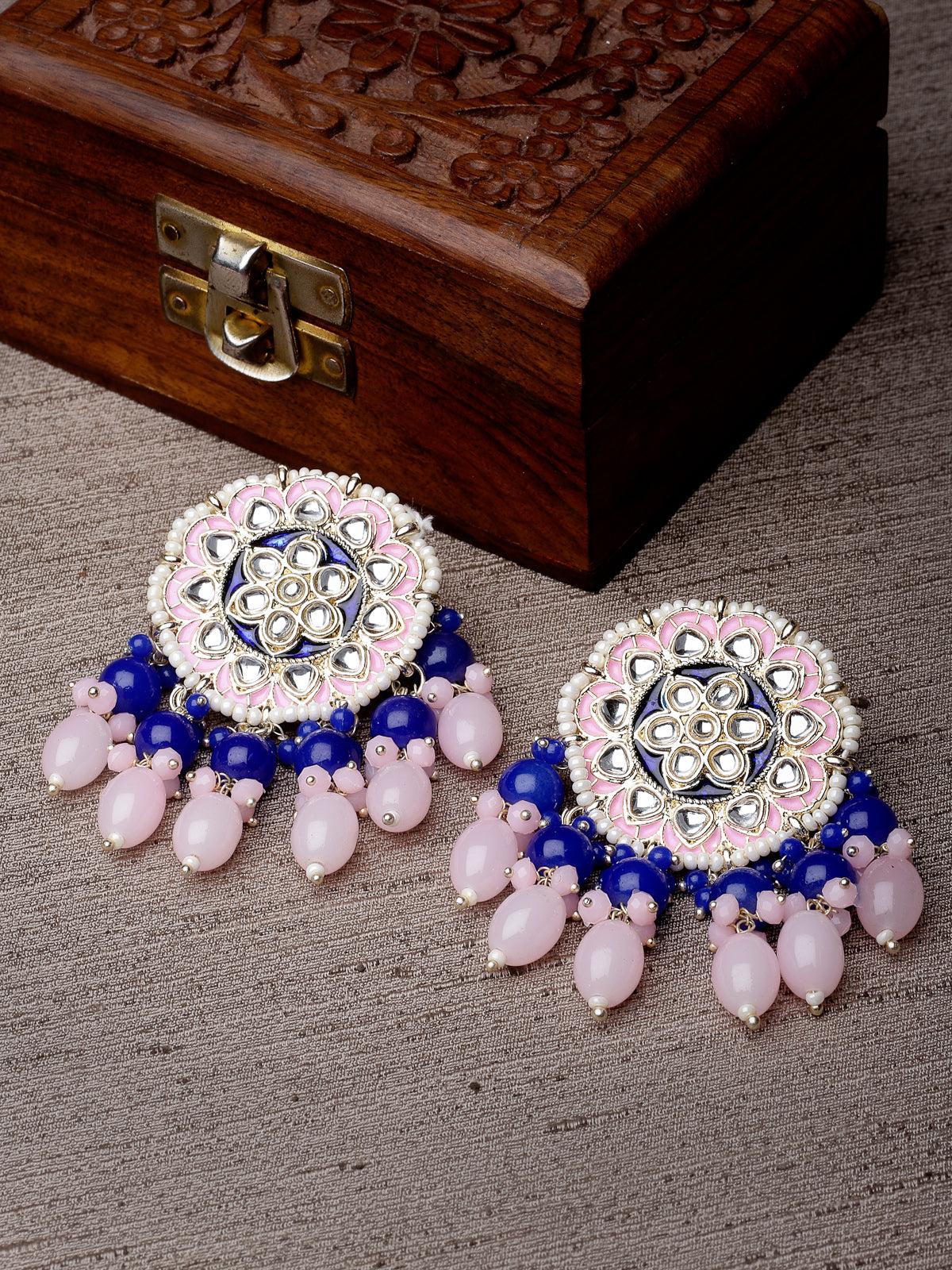 Studio Sukkhi Ethnic Floral Shaped Gold Tone Kundan And Meenakari Pink Blue Studs Earring For Women And Girls E105761