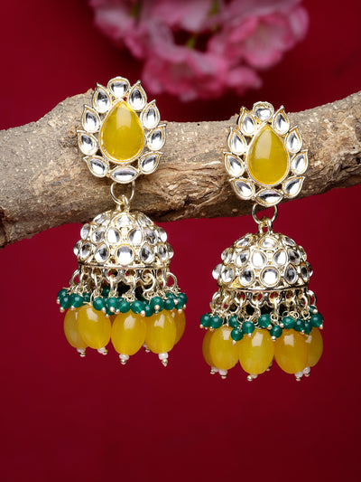 Studio Sukkhi Indian Traditional Gold Plated With Faux Beaded Yellow Green Kundan Jhumka/Jhumki Earrings For Women And Girls E105764