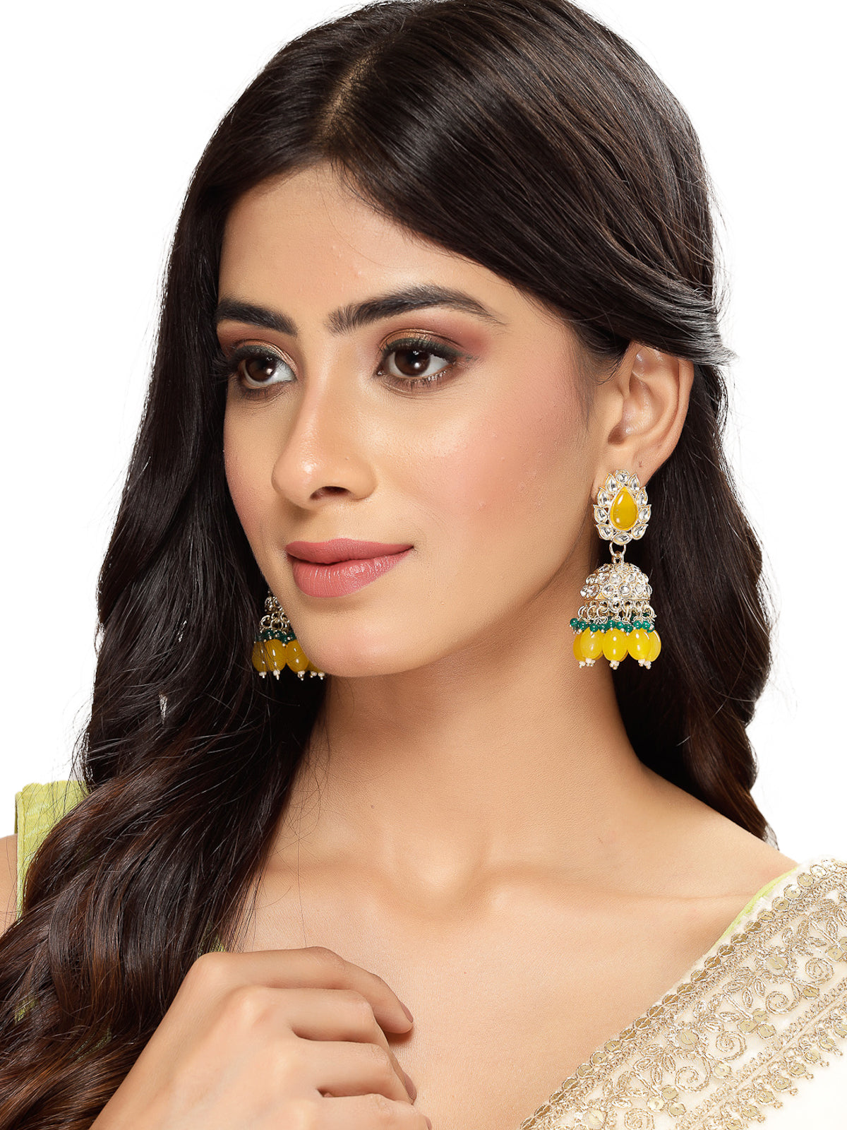 Studio Sukkhi Indian Traditional Gold Plated With Faux Beaded Yellow Green Kundan Jhumka/Jhumki Earrings For Women And Girls E105764