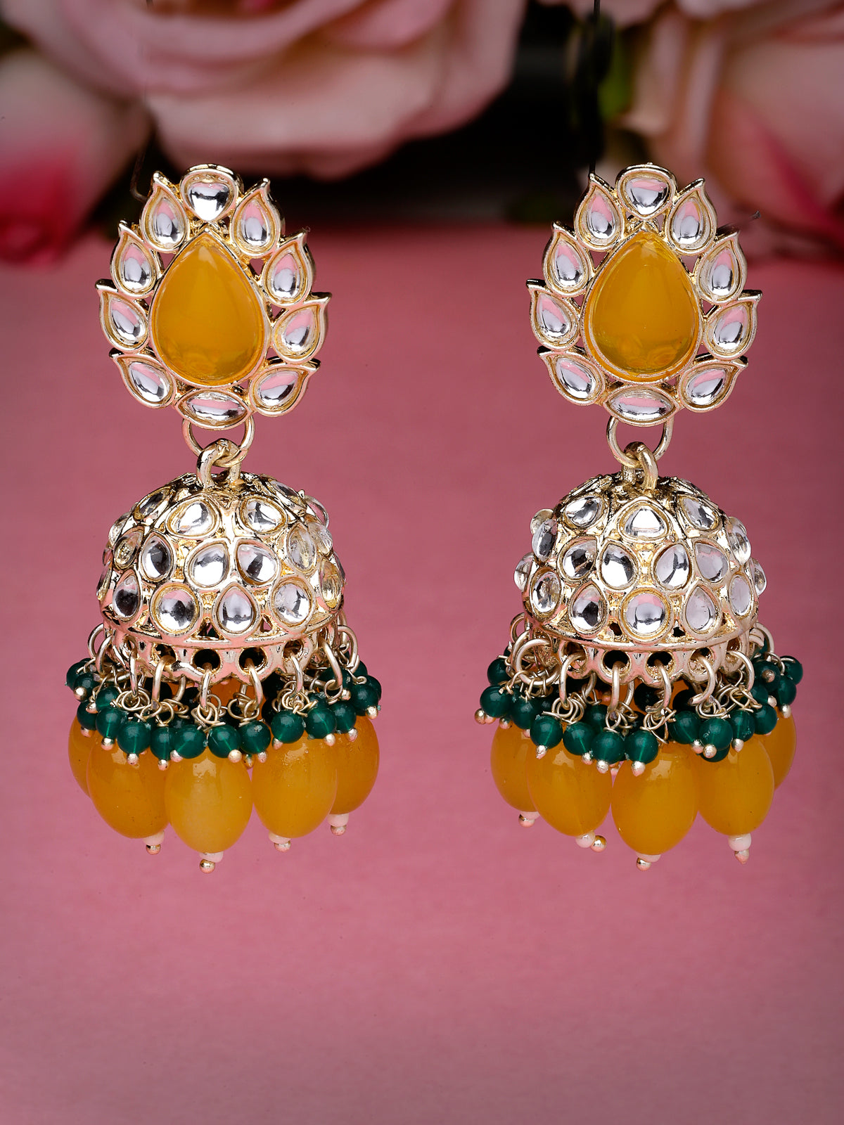 Studio Sukkhi Indian Traditional Gold Plated With Faux Beaded Yellow Green Kundan Jhumka/Jhumki Earrings For Women And Girls E105764