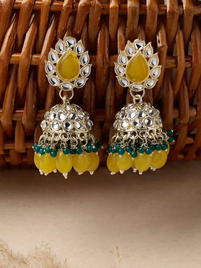 Studio Sukkhi Indian Traditional Gold Plated With Faux Beaded Yellow Green Kundan Jhumka/Jhumki Earrings For Women And Girls E105764