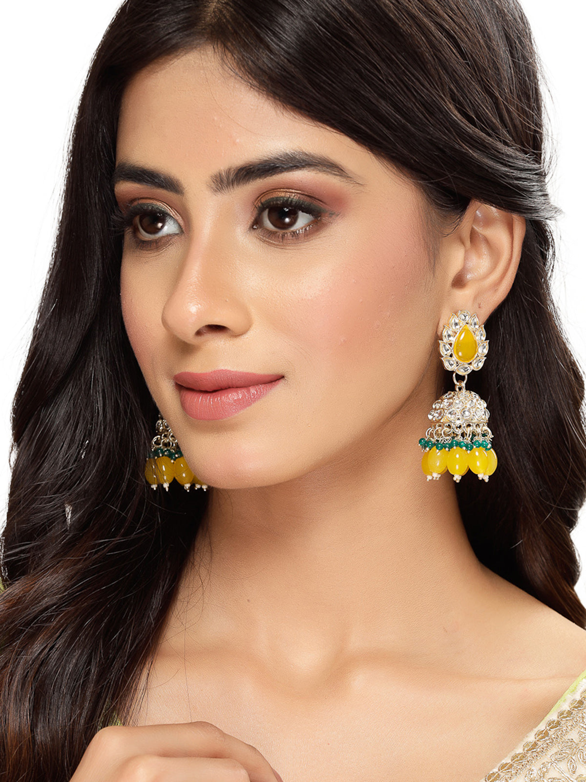 Studio Sukkhi Indian Traditional Gold Plated With Faux Beaded Yellow Green Kundan Jhumka/Jhumki Earrings For Women And Girls E105764