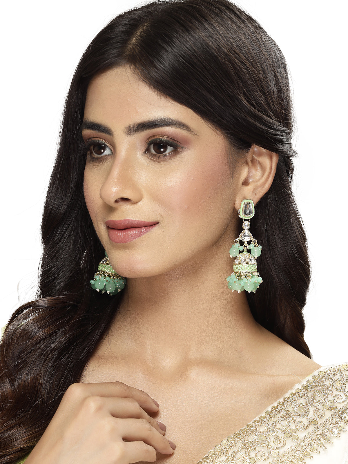Studio Sukkhi Classic Kundan With Meenakari Gold Plated Green Jhumka/Jhumki Earrings For Women And Girls E105765