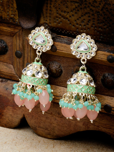 Studio Sukkhi Lavish Kundan With Meenakari Gold Plated Mint Green Jhumka/Jhumki Earrings For Women And Girls E105766