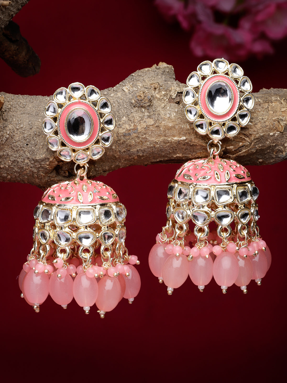 Studio Sukkhi Attractive Gold Plated Kundan With Meenakari Pink Jhumka/Jhumki Earrings For Women And Girls E105767