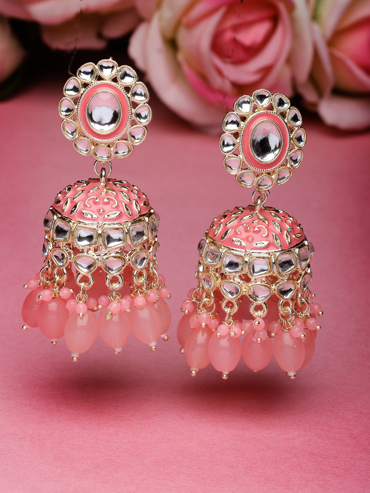 Studio Sukkhi Attractive Gold Plated Kundan With Meenakari Pink Jhumka/Jhumki Earrings For Women And Girls E105767