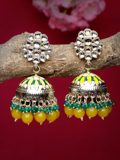 Studio Sukkhi Exquisite Gold Plated Kundan With Meenakari Yellow Green Jhumka/Jhumki Earrings For Women And Girls E105772