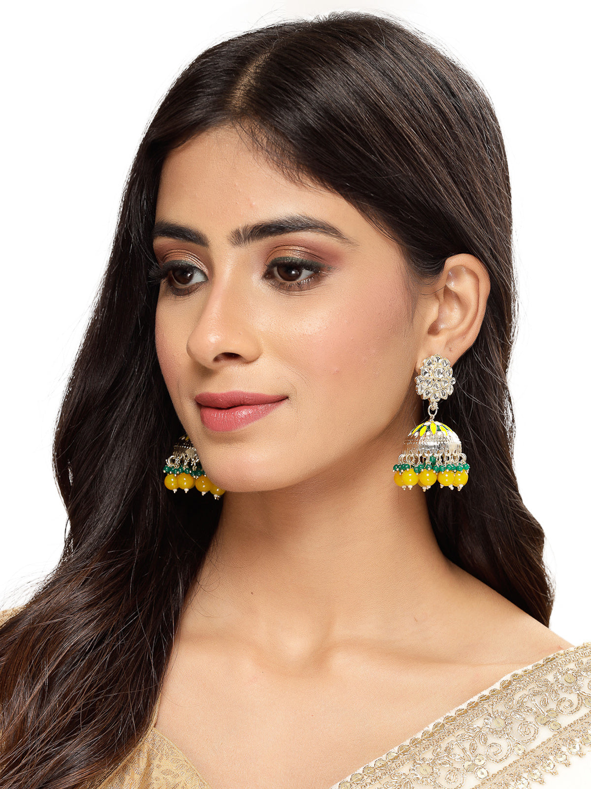 Studio Sukkhi Exquisite Gold Plated Kundan With Meenakari Yellow Green Jhumka/Jhumki Earrings For Women And Girls E105772
