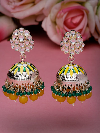 Studio Sukkhi Exquisite Gold Plated Kundan With Meenakari Yellow Green Jhumka/Jhumki Earrings For Women And Girls E105772