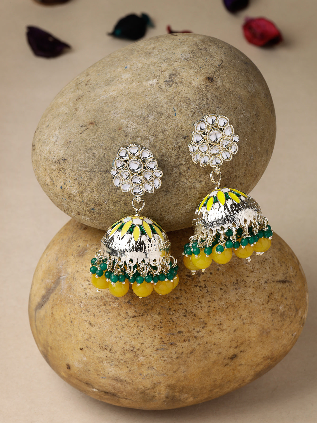 Studio Sukkhi Exquisite Gold Plated Kundan With Meenakari Yellow Green Jhumka/Jhumki Earrings For Women And Girls E105772