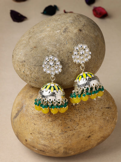 Studio Sukkhi Exquisite Gold Plated Kundan With Meenakari Yellow Green Jhumka/Jhumki Earrings For Women And Girls E105772