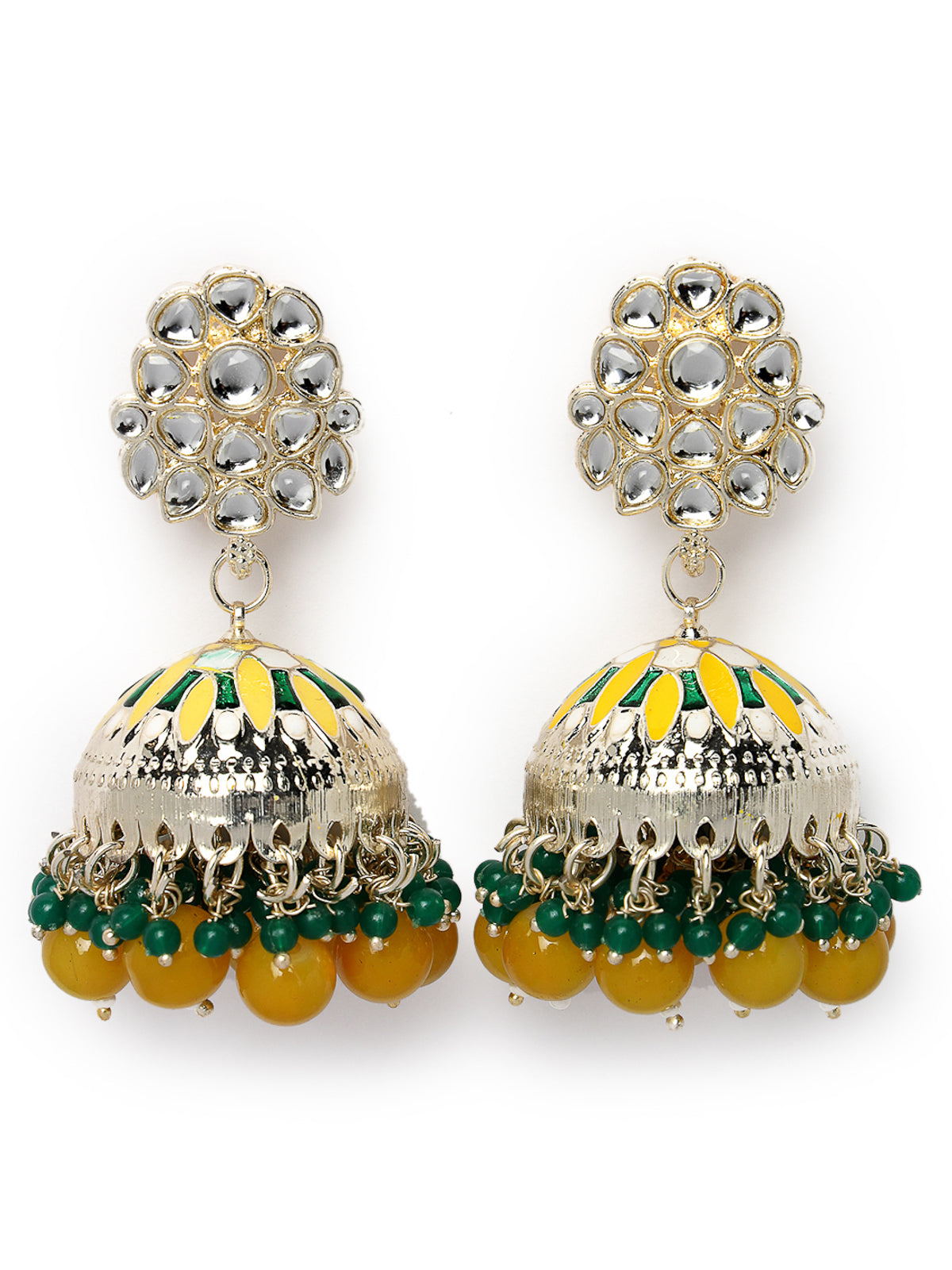 Studio Sukkhi Exquisite Gold Plated Kundan With Meenakari Yellow Green Jhumka/Jhumki Earrings For Women And Girls E105772