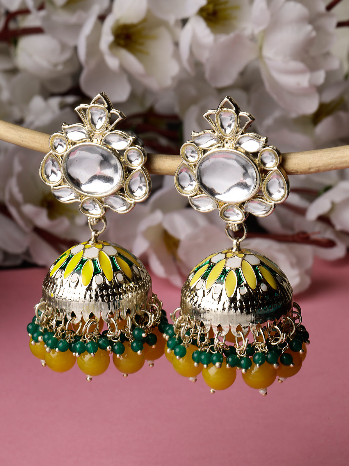Sudio Sukkhi Elegant Fashionable Gold Plated Kundan With Yellow Green Meenakari Jhumka/Jhumki Earrings For Women And Girls E105773