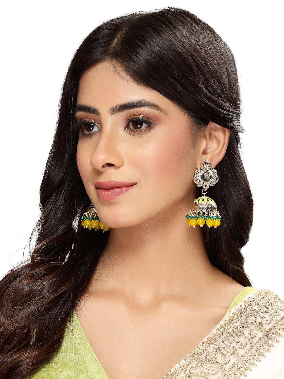 Sudio Sukkhi Elegant Fashionable Gold Plated Kundan With Yellow Green Meenakari Jhumka/Jhumki Earrings For Women And Girls E105773