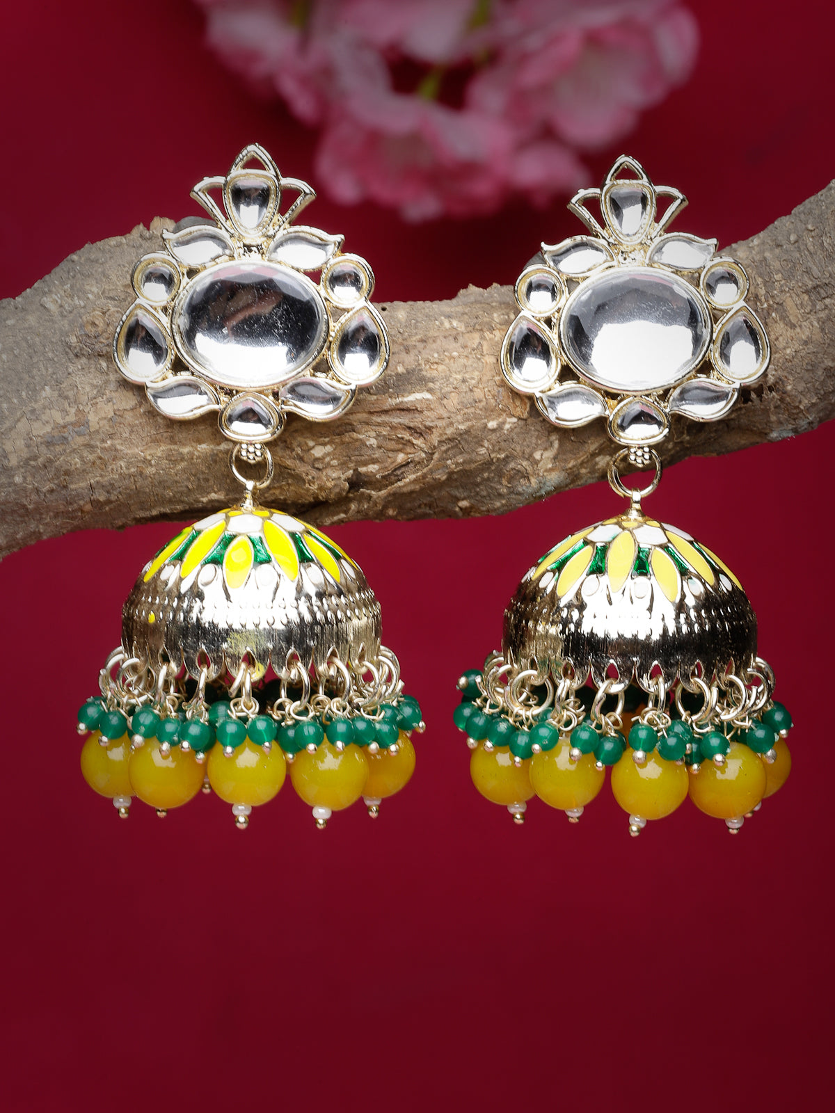 Sudio Sukkhi Elegant Fashionable Gold Plated Kundan With Yellow Green Meenakari Jhumka/Jhumki Earrings For Women And Girls E105773
