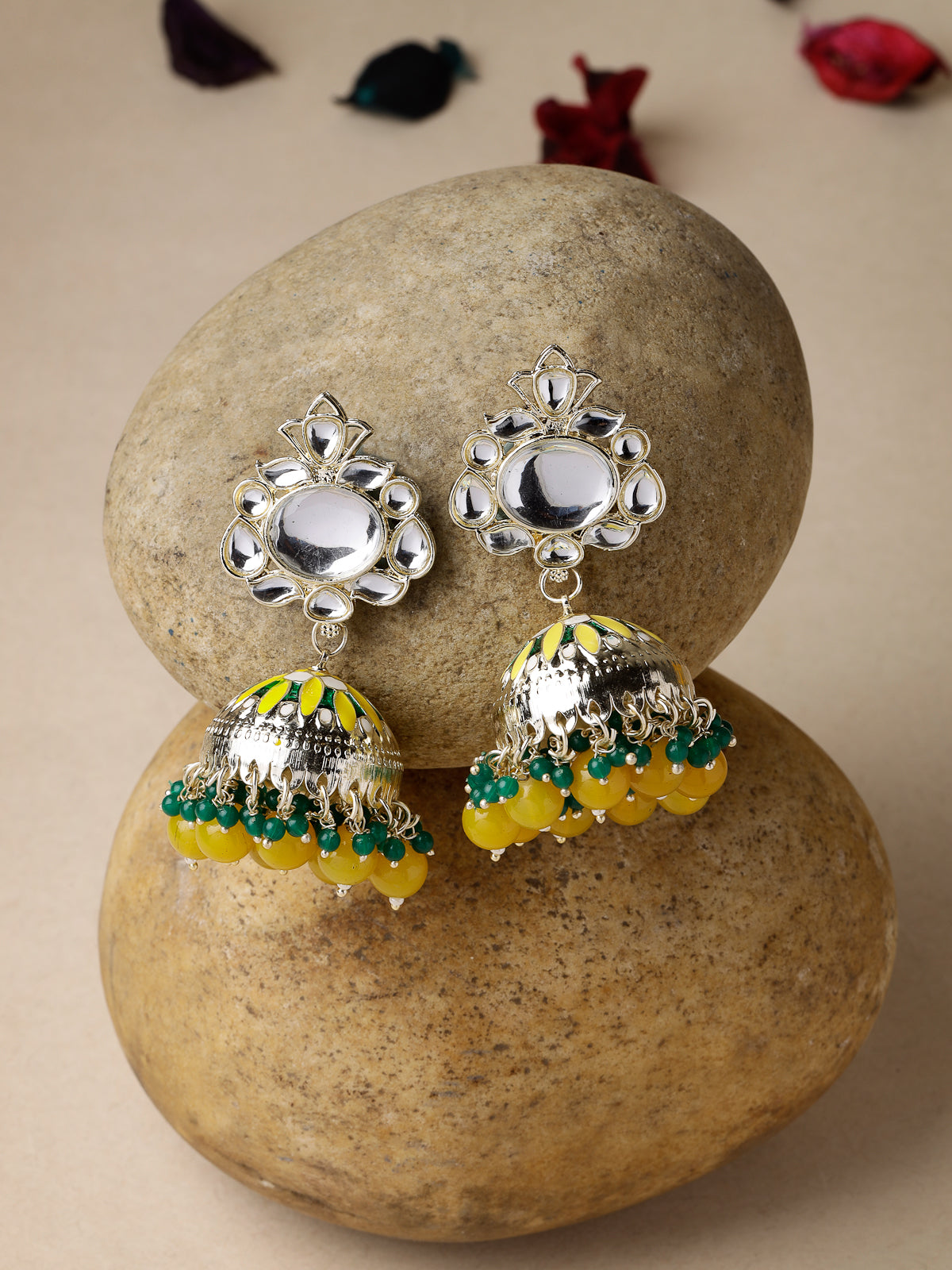 Sudio Sukkhi Elegant Fashionable Gold Plated Kundan With Yellow Green Meenakari Jhumka/Jhumki Earrings For Women And Girls E105773