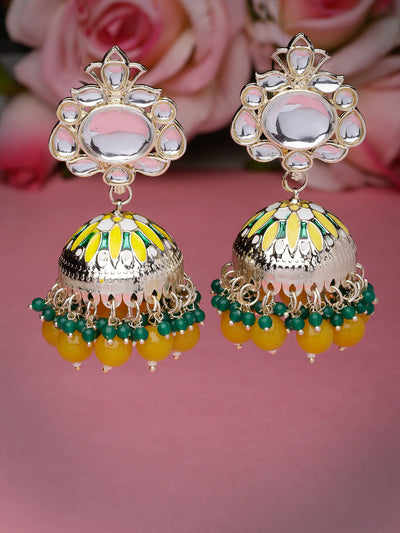 Sudio Sukkhi Elegant Fashionable Gold Plated Kundan With Yellow Green Meenakari Jhumka/Jhumki Earrings For Women And Girls E105773