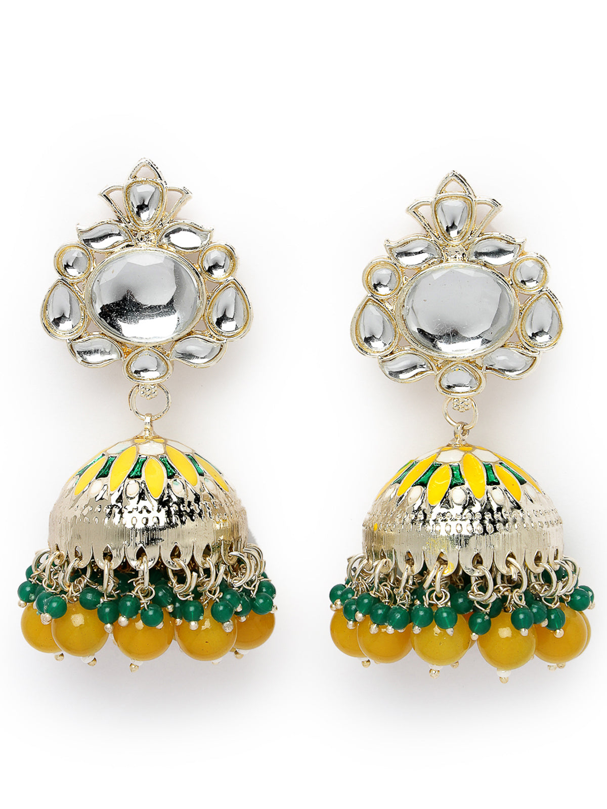 Sudio Sukkhi Elegant Fashionable Gold Plated Kundan With Yellow Green Meenakari Jhumka/Jhumki Earrings For Women And Girls E105773
