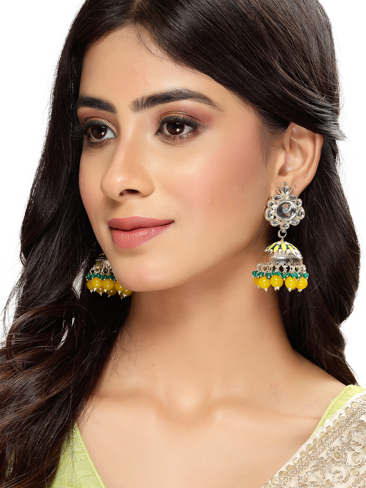 Sudio Sukkhi Elegant Fashionable Gold Plated Kundan With Yellow Green Meenakari Jhumka/Jhumki Earrings For Women And Girls E105773