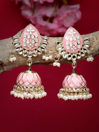 Studio Sukkhi Pretty Pink Meenakari Work With Kundan And Gold Plated Jhumka/Jhumki Earrings For Women And Gilrs E105774