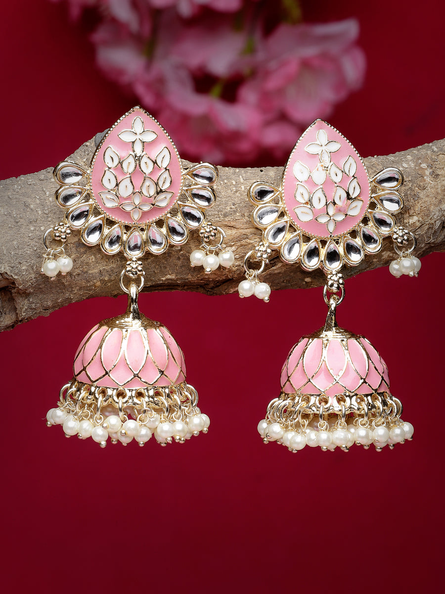 Studio Sukkhi Pretty Pink Meenakari Work With Kundan And Gold Plated Jhumka/Jhumki Earrings For Women And Gilrs E105774