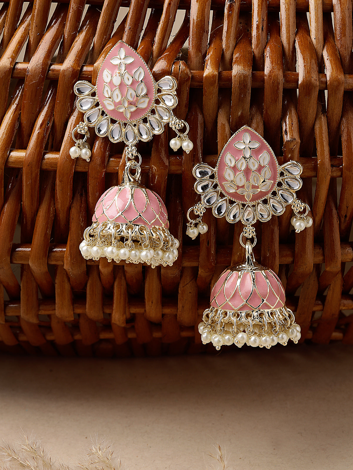 Studio Sukkhi Pretty Pink Meenakari Work With Kundan And Gold Plated Jhumka/Jhumki Earrings For Women And Gilrs E105774