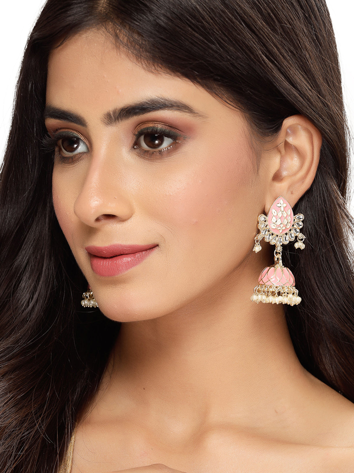 Studio Sukkhi Pretty Pink Meenakari Work With Kundan And Gold Plated Jhumka/Jhumki Earrings For Women And Gilrs E105774