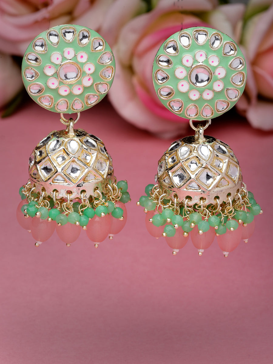 Studio Sukkhi Attractive Meenakari Work with Kundan And Gold Plated Mint Green Pink Jhumka/Jhumki Earrings For Women And Girls E105776