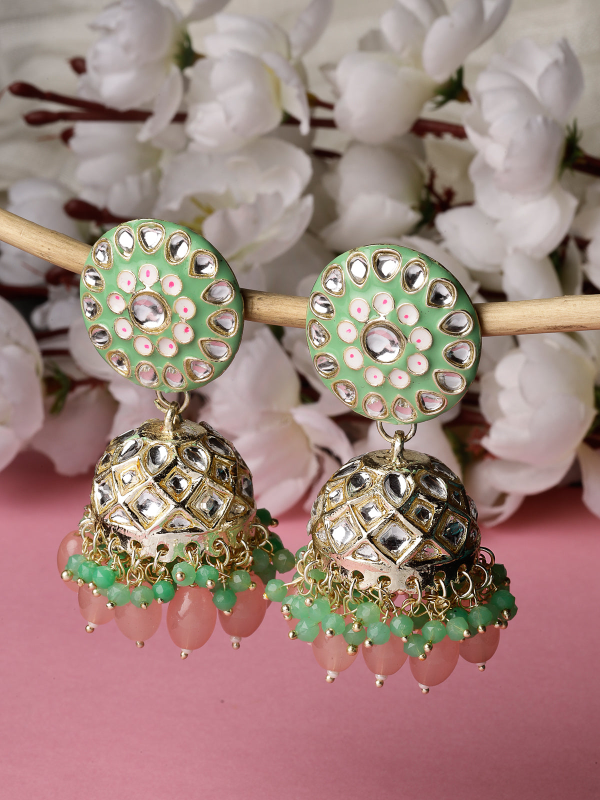 Studio Sukkhi Attractive Meenakari Work with Kundan And Gold Plated Mint Green Pink Jhumka/Jhumki Earrings For Women And Girls E105776