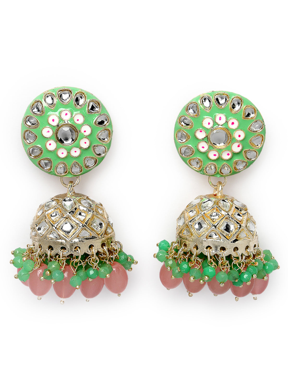 Studio Sukkhi Attractive Meenakari Work with Kundan And Gold Plated Mint Green Pink Jhumka/Jhumki Earrings For Women And Girls E105776