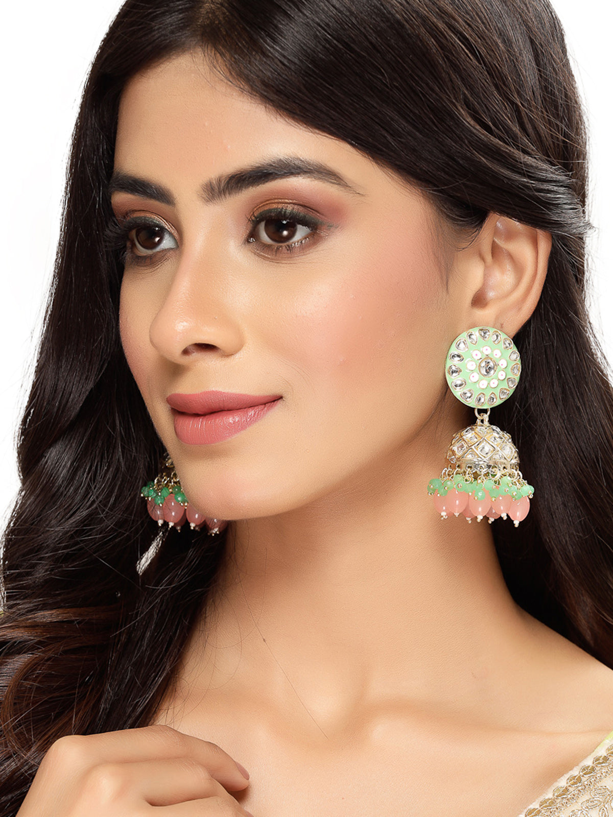 Studio Sukkhi Attractive Meenakari Work with Kundan And Gold Plated Mint Green Pink Jhumka/Jhumki Earrings For Women And Girls E105776