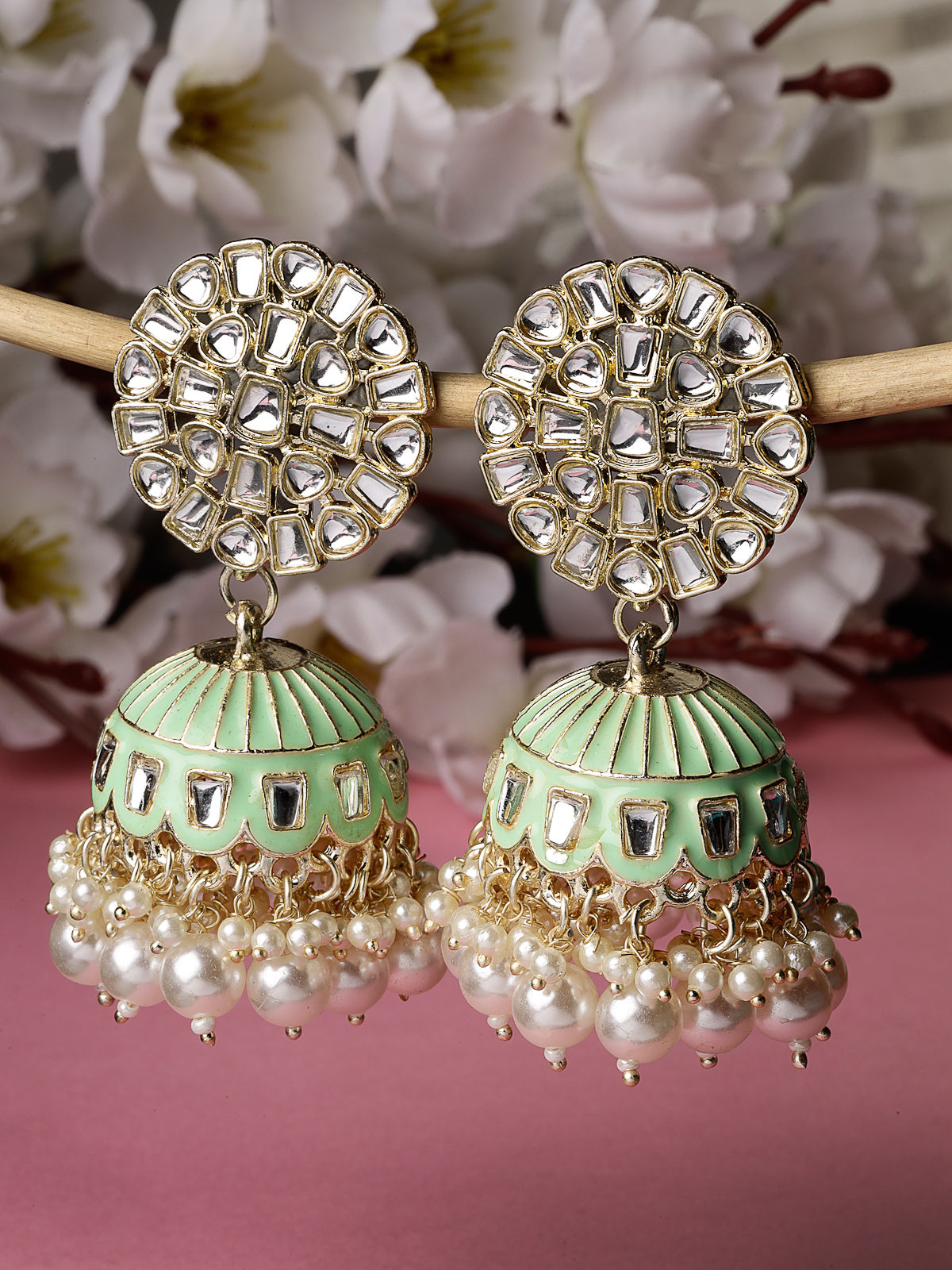 Studio Sukkhi Eye-Catchy Gold Plated Kundan With Meenakari Mint Green Jhumka/Jhumki Earrings For Women And Girls E105777
