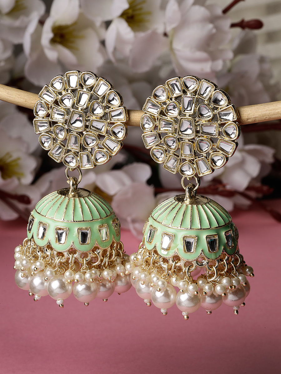 Studio Sukkhi Eye-Catchy Gold Plated Kundan With Meenakari Mint Green Jhumka/Jhumki Earrings For Women And Girls E105777