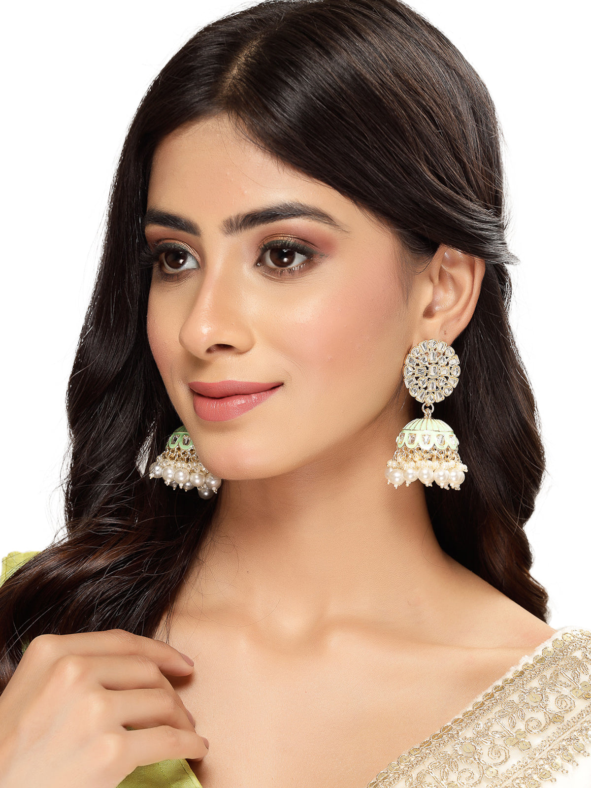 Studio Sukkhi Eye-Catchy Gold Plated Kundan With Meenakari Mint Green Jhumka/Jhumki Earrings For Women And Girls E105777
