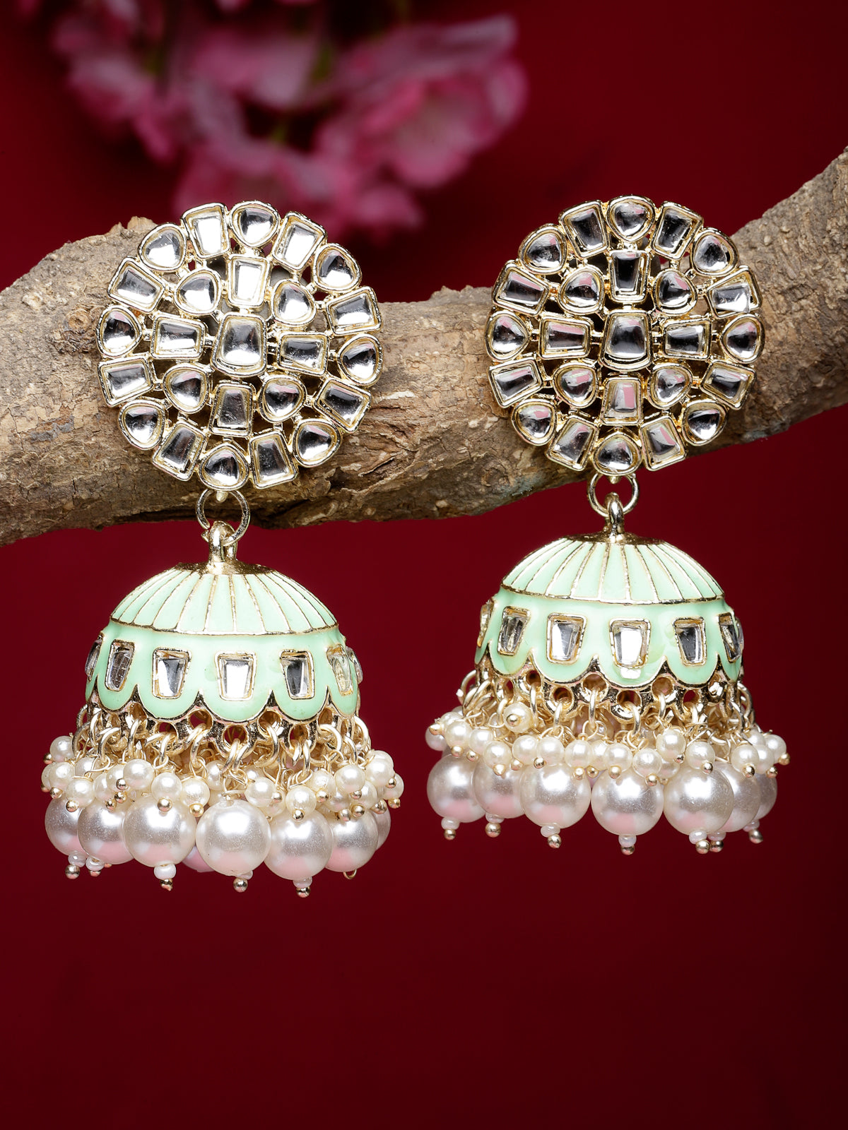 Studio Sukkhi Eye-Catchy Gold Plated Kundan With Meenakari Mint Green Jhumka/Jhumki Earrings For Women And Girls E105777