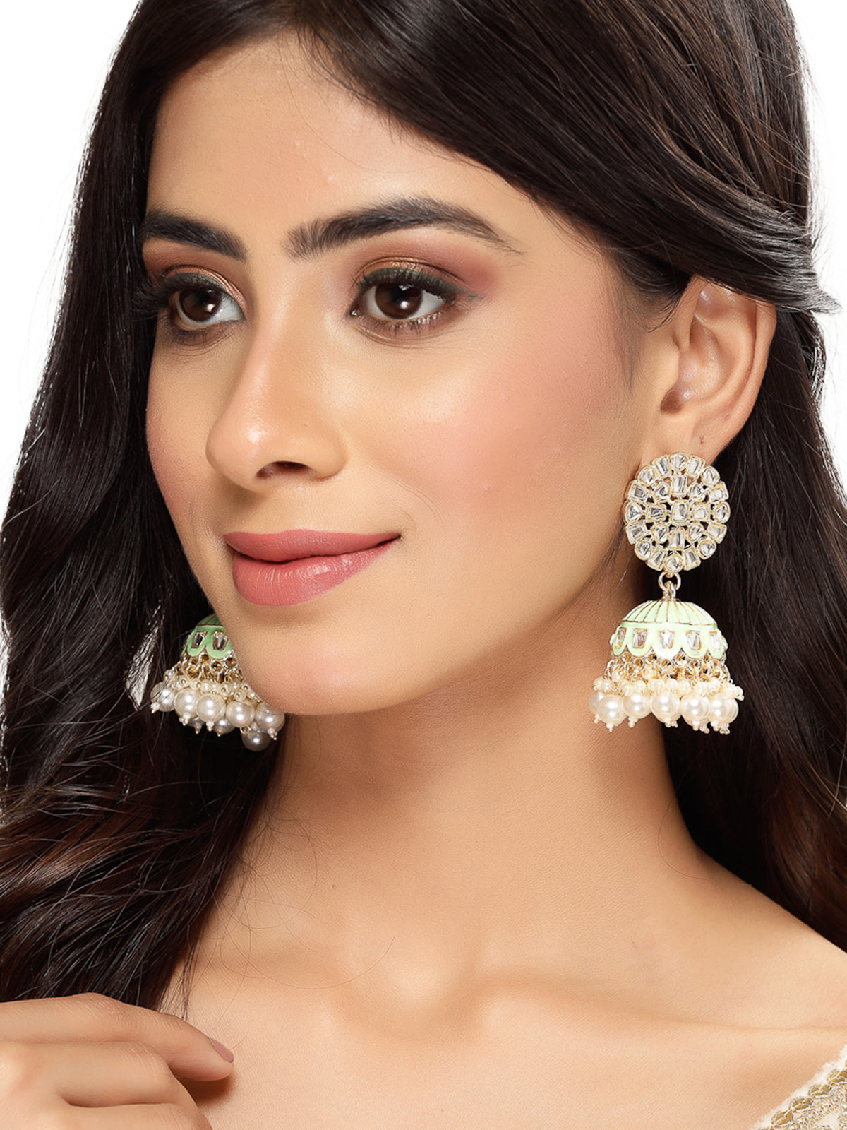 Studio Sukkhi Eye-Catchy Gold Plated Kundan With Meenakari Mint Green Jhumka/Jhumki Earrings For Women And Girls E105777