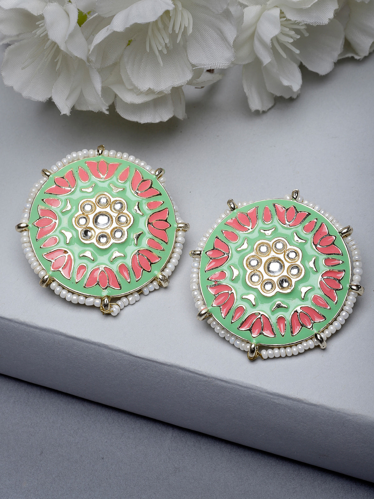 Studio Sukkhi Eye-Catchy Gold Plated With Mint Green And Pink Meenakari Studs Earrings For Women And Girls E105782