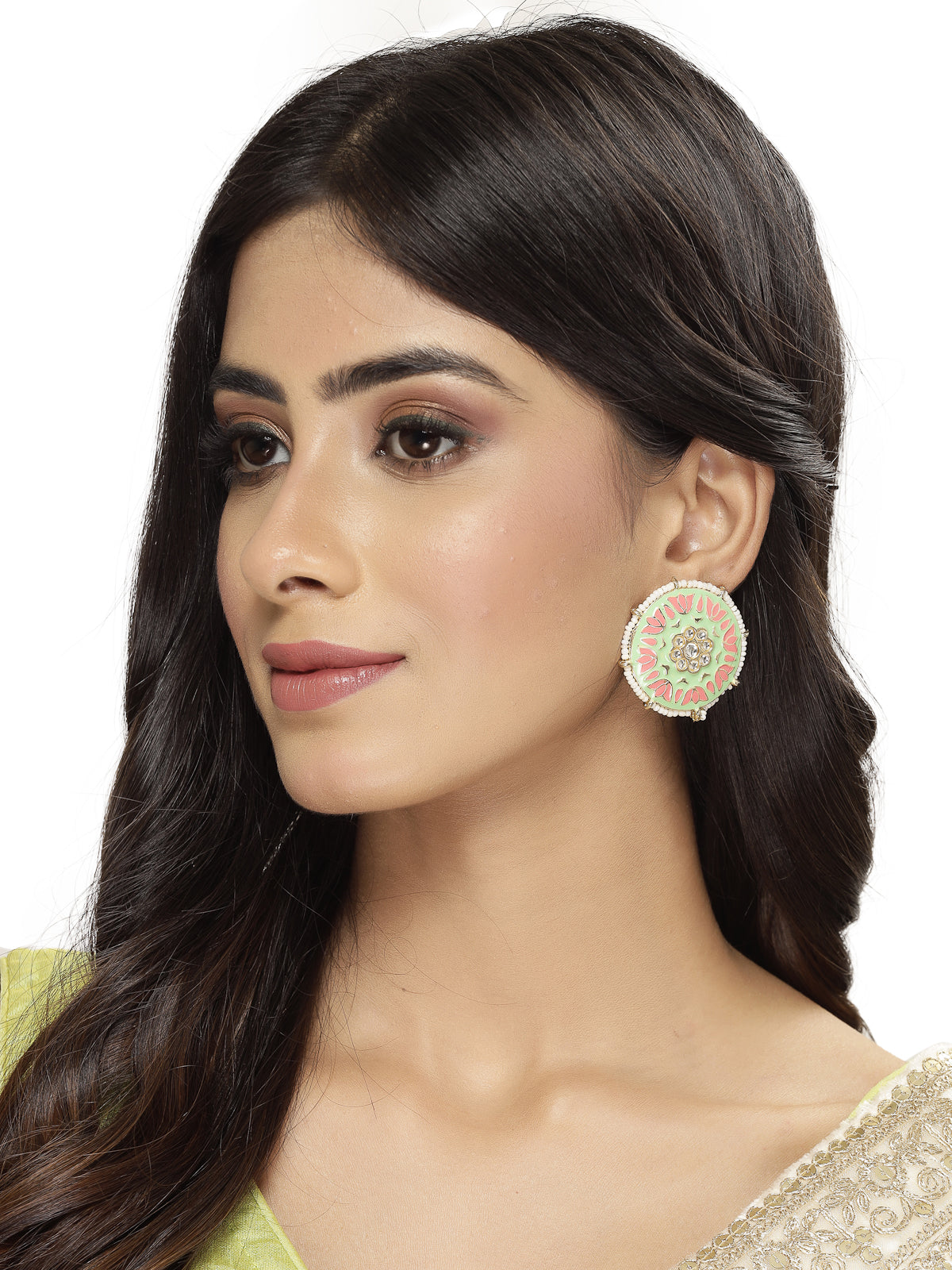 Studio Sukkhi Eye-Catchy Gold Plated With Mint Green And Pink Meenakari Studs Earrings For Women And Girls E105782