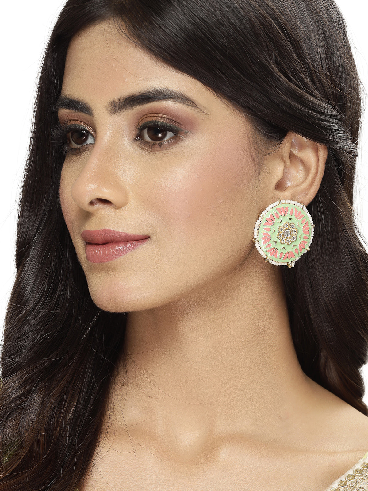 Studio Sukkhi Eye-Catchy Gold Plated With Mint Green And Pink Meenakari Studs Earrings For Women And Girls E105782