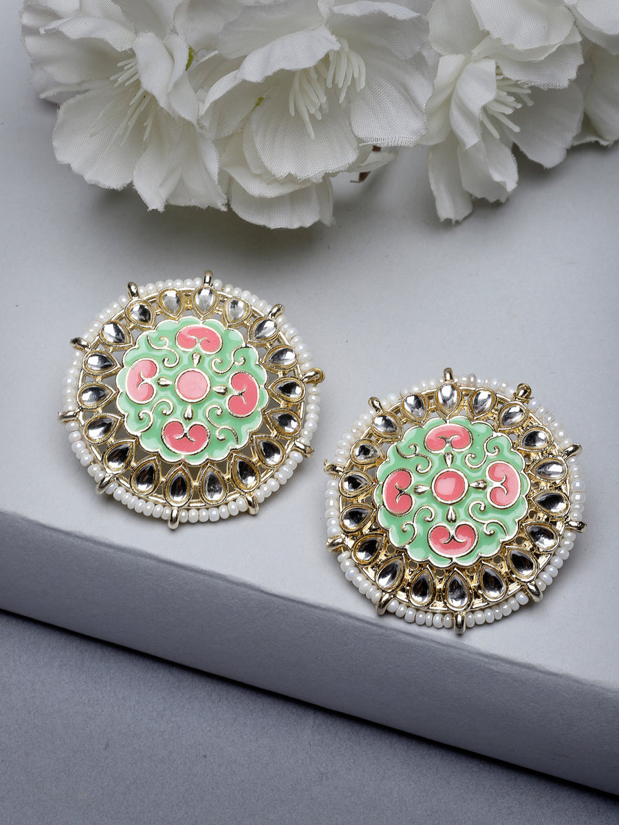 Studio Sukkhi Exquitely Crafted Gold Plated Kundan With Mint Green And Pink Meenakari Studs Earrings For Women And Girls E105783