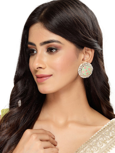 Studio Sukkhi Exquitely Crafted Gold Plated Kundan With Mint Green And Pink Meenakari Studs Earrings For Women And Girls E105783