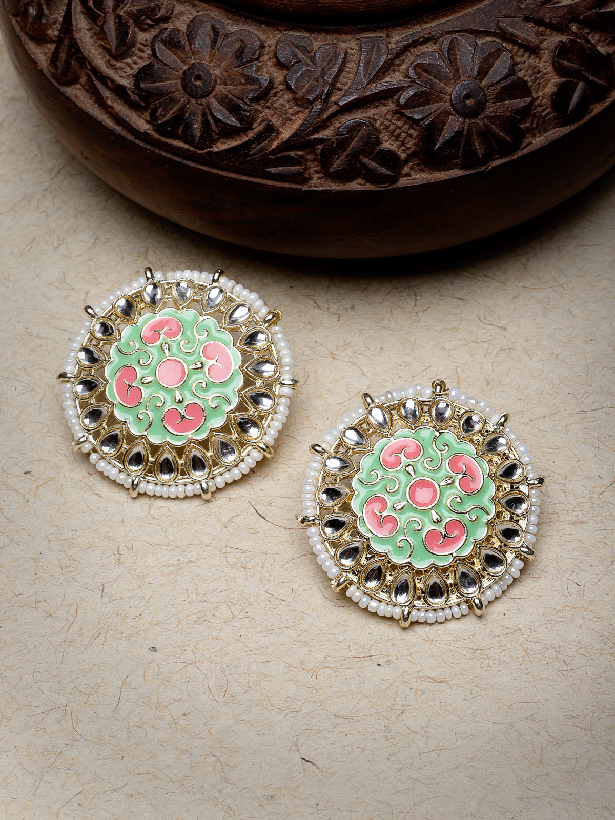 Studio Sukkhi Exquitely Crafted Gold Plated Kundan With Mint Green And Pink Meenakari Studs Earrings For Women And Girls E105783